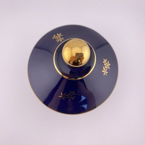 Limoges France Porcelain Trinket Jar Blue Gold Trim w/ Lid - Picture 5 of 7